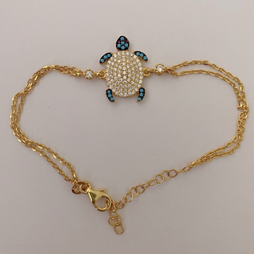 925 Silver turtle bracelet cz  / turquoise stones 18k yellow gold plated